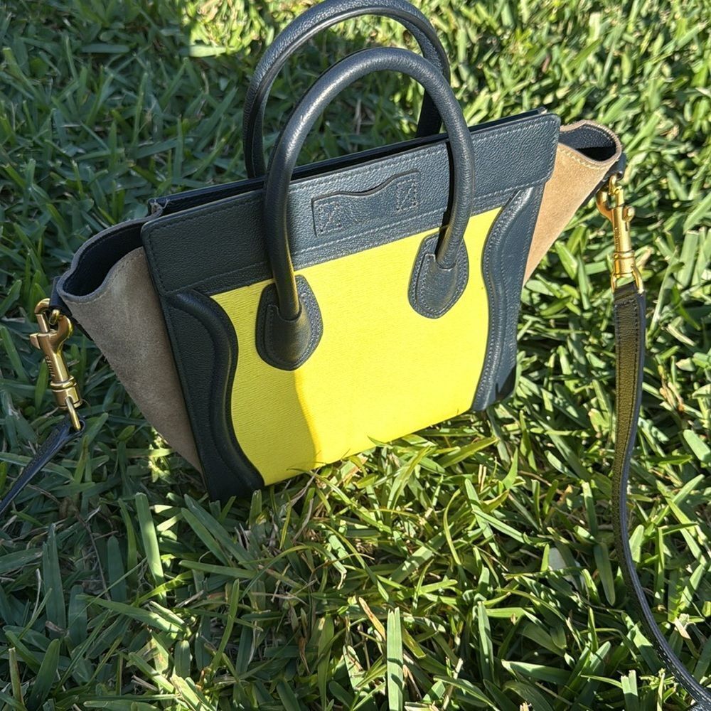 Celine Mini Luggage Handbag - Yellow Black & Tan Crossbody Strap Included - Picture 5 of 6